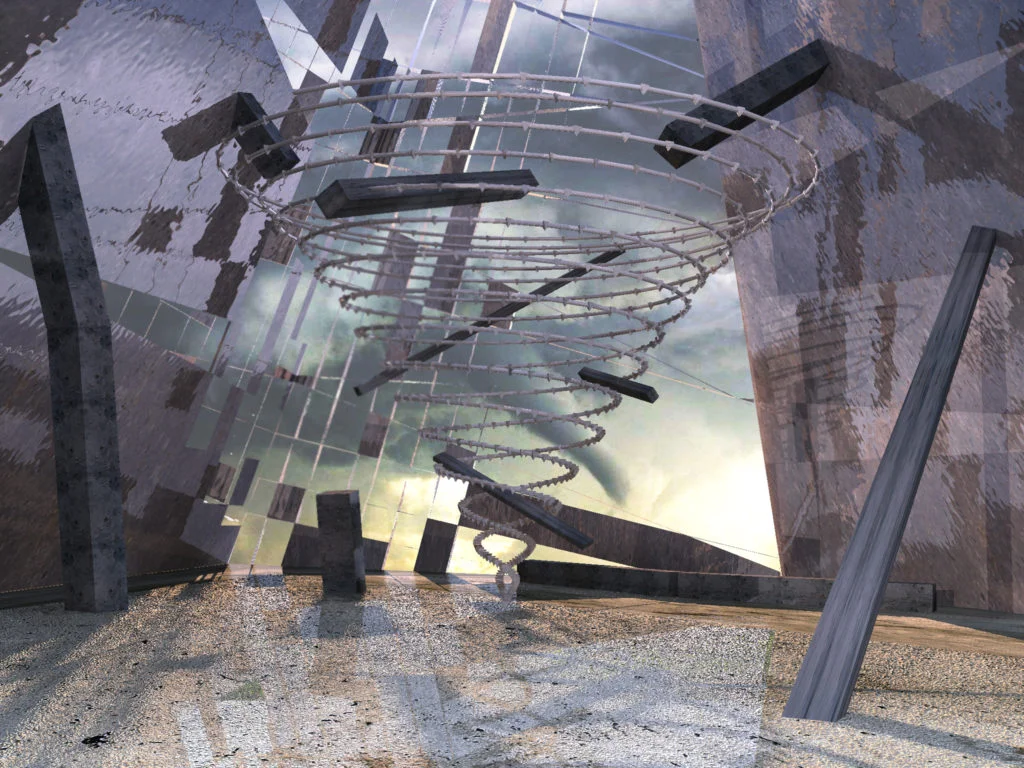 3D render of a surreal architectural composition with fragmented mirrored walls and a spiral form