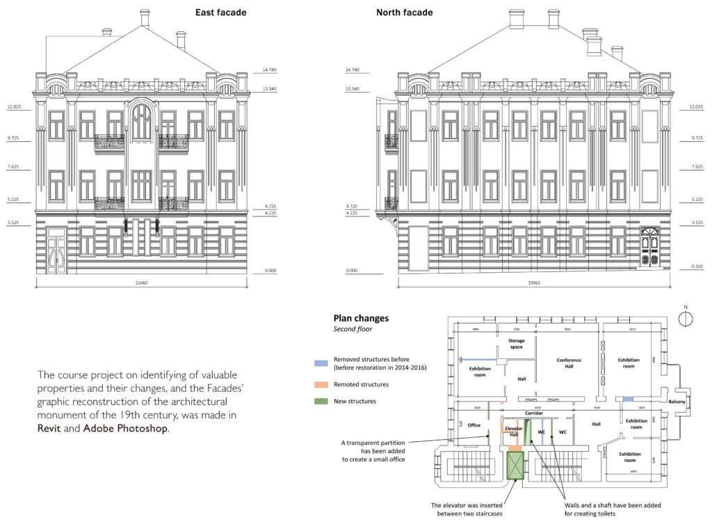 19th-century building facades with mansard roofs and floor plan showing renovation modifications