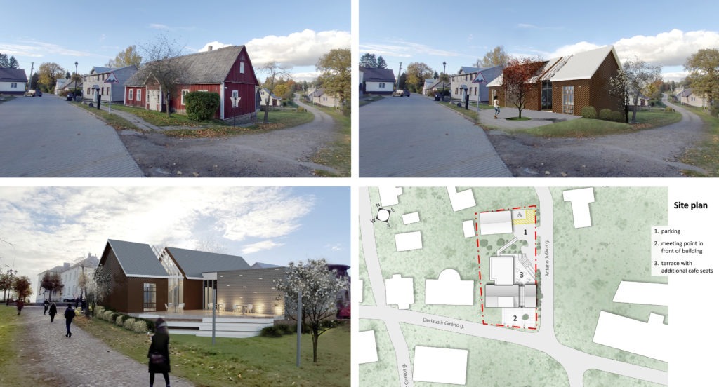 Renderings of a post office building transformed into a museum, alongside a site plan