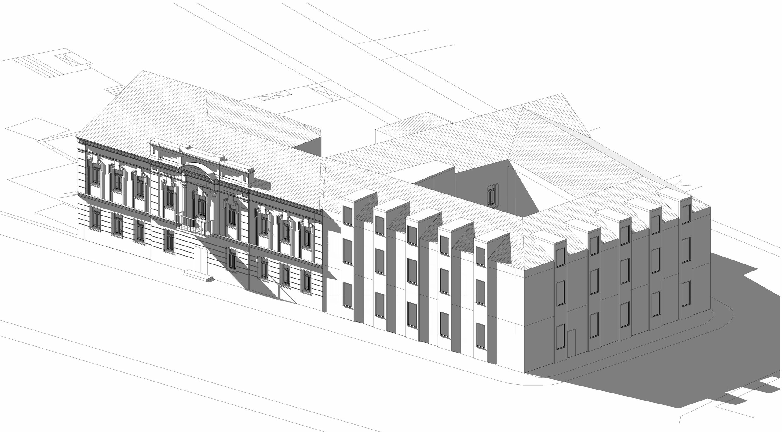Grayscale 3D architectural model of an ornate classical facade adjoining a plain modern building block