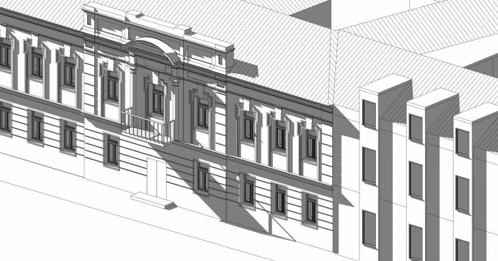 Grayscale 3D architectural model of an ornate classical facade adjoining a plain modern building block