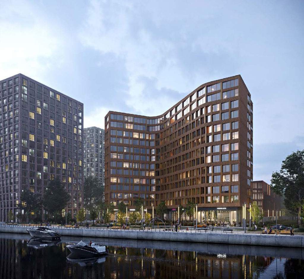 3D render of a curved red-brick residential building at dusk beside a river with docked boats