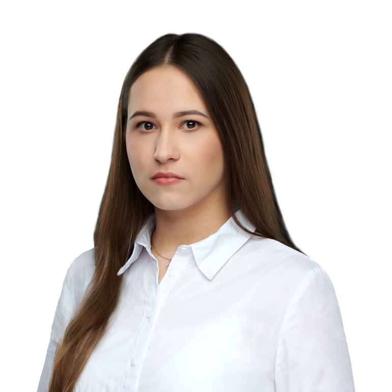 Portrait photo of Anastasiia Kiuppier, architect, wearing a white shirt
