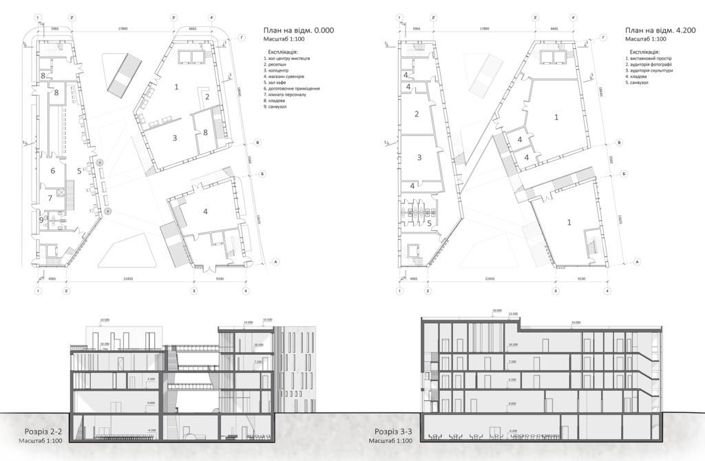 Technical architectural floor plans and building sections with dimensioned room layouts