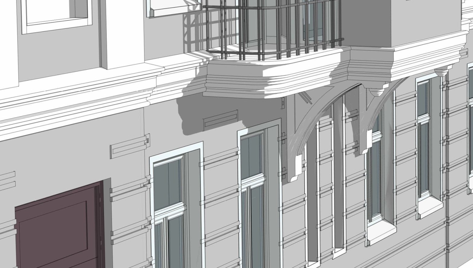 BIM model detail of a classical facade showing a balcony, decorative brackets, cornice molding and a door