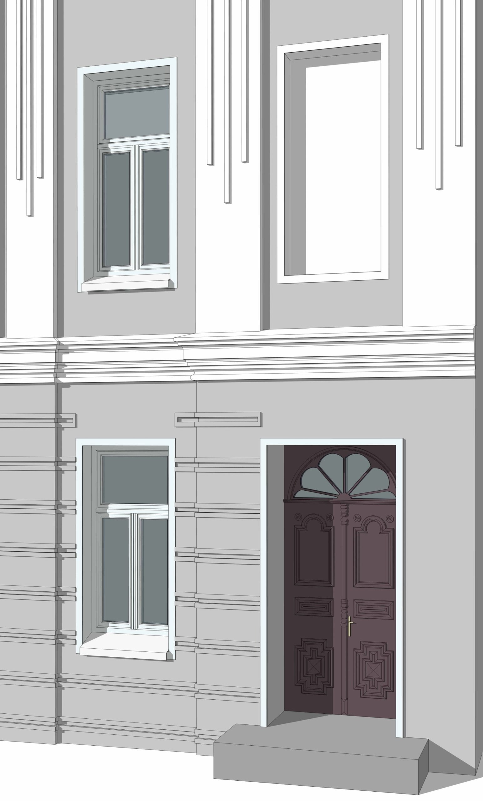 3D BIM rendering of a classical facade section with a balcony, arched doorway and decorative brackets