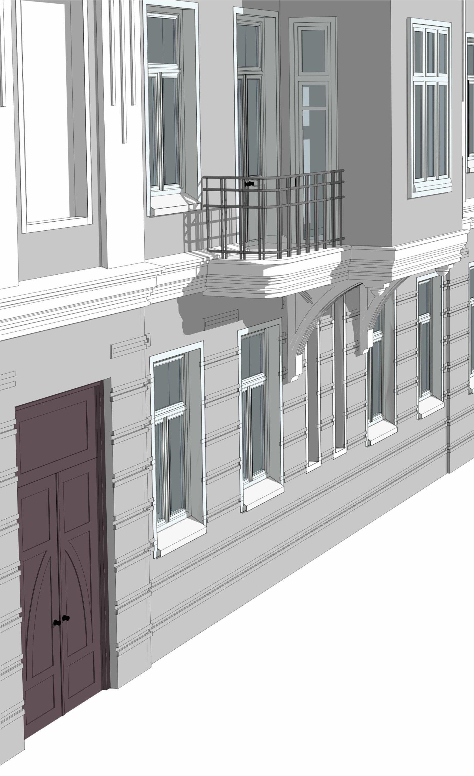 BIM model detail of a classical facade with a paneled entrance door, window frames and cornice molding