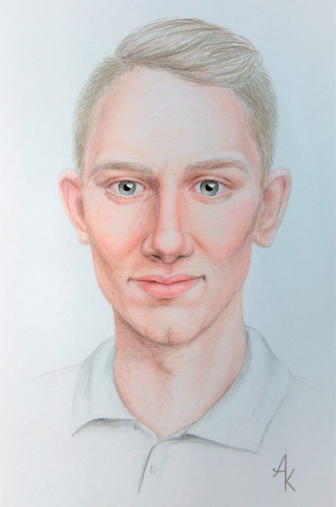 Coloured pencil portrait of a blond man in a light shirt