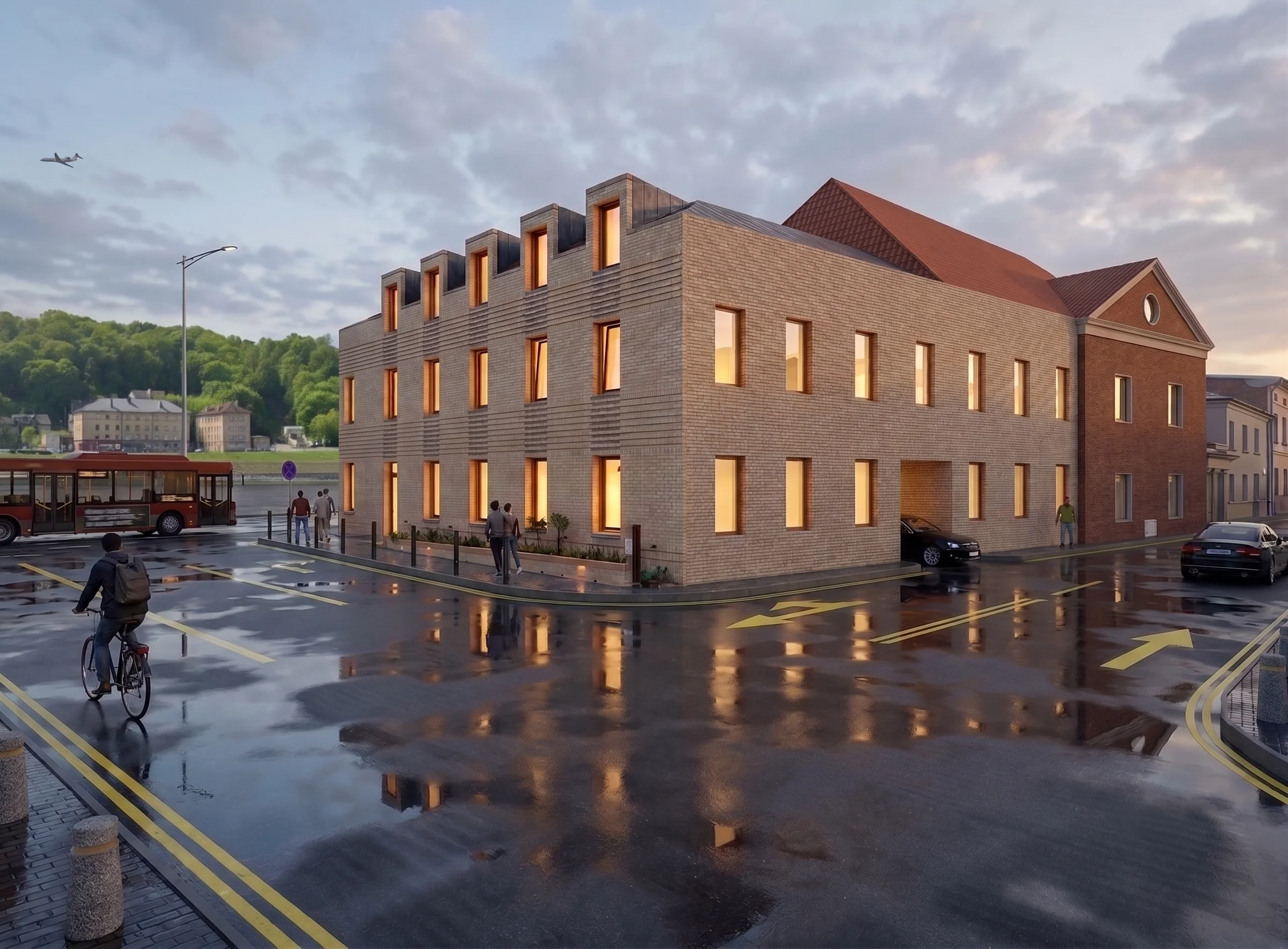 3D rendering of the contemporary brick extension's riverside corner at dusk, with a gabled building beyond