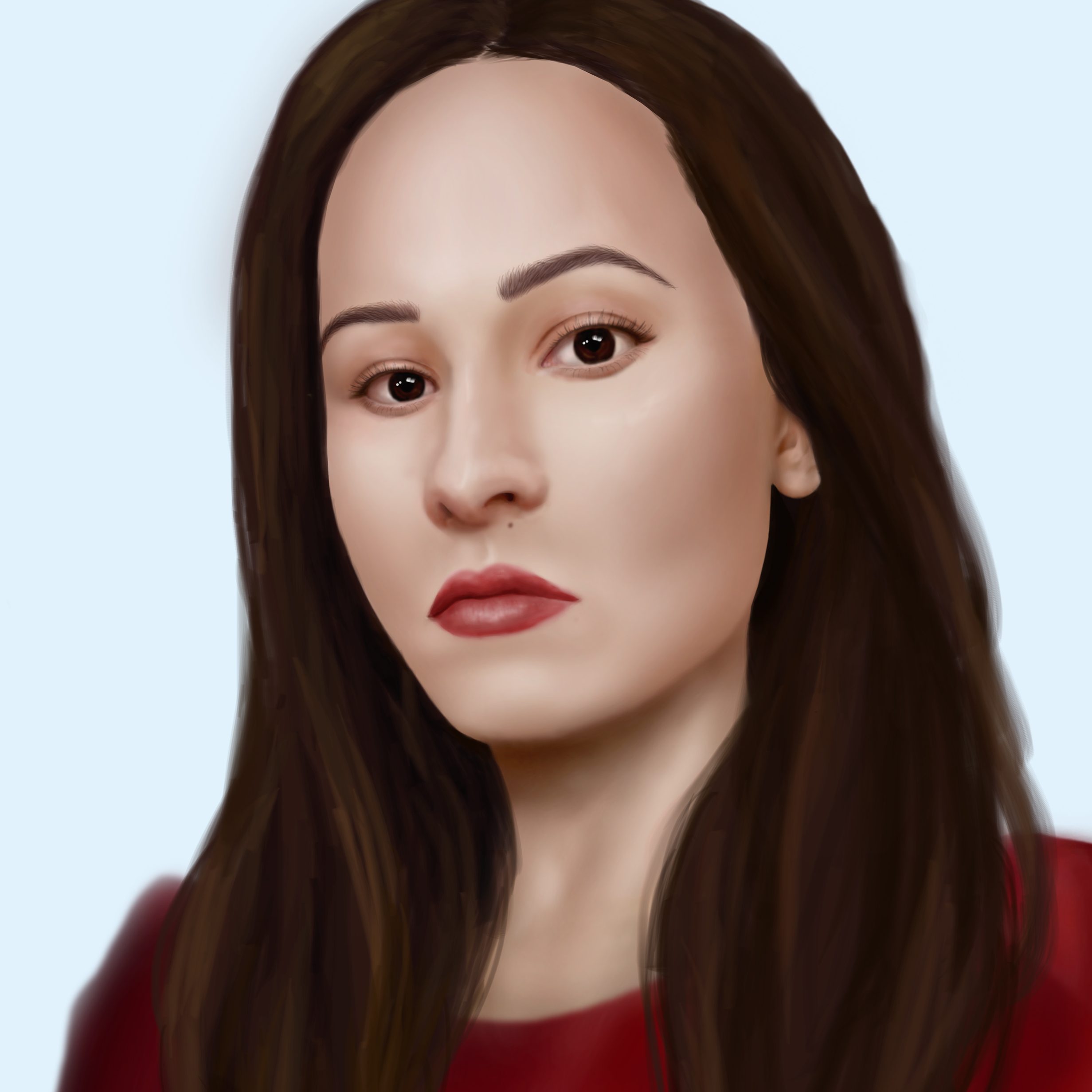 Digital portrait of a girl with dark hair, wearing a red top against a light background