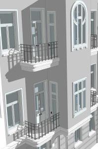 3D architectural model showing a close-up of a historical facade with an arched window and ornate metal balconies