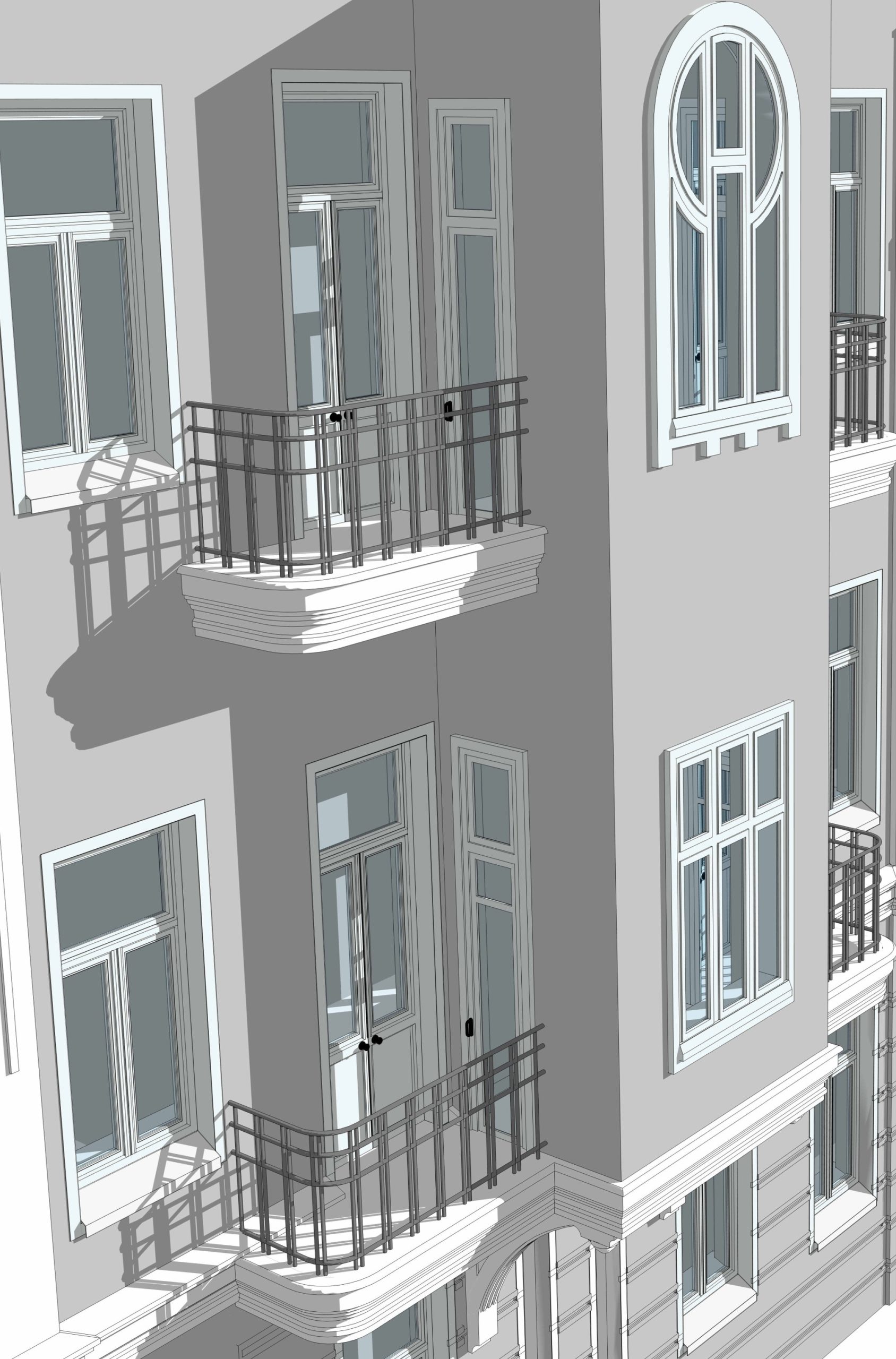 3D architectural model showing a close-up of a historical facade with an arched window and ornate metal balconies