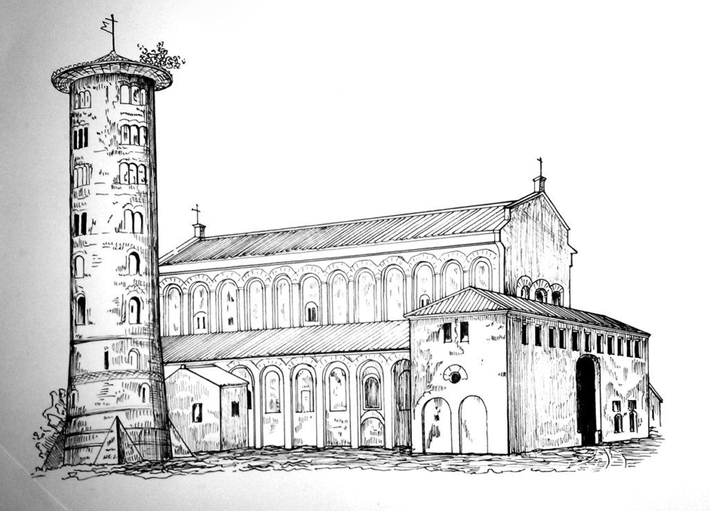 Ink architectural sketch of a basilica with tall bell tower and arched windows