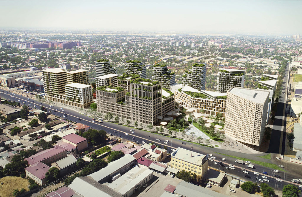 Aerial daytime render of a mixed-use development with green rooftop terraces and a central plaza in a dense city