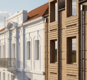Close-up render of an ornate white historical facade adjoining a modern brick extension