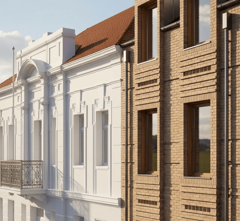 Close-up render of an ornate white historical facade adjoining a modern brick extension
