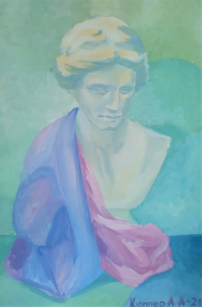 Painted study of a sculptural bust draped in blue and pink fabric