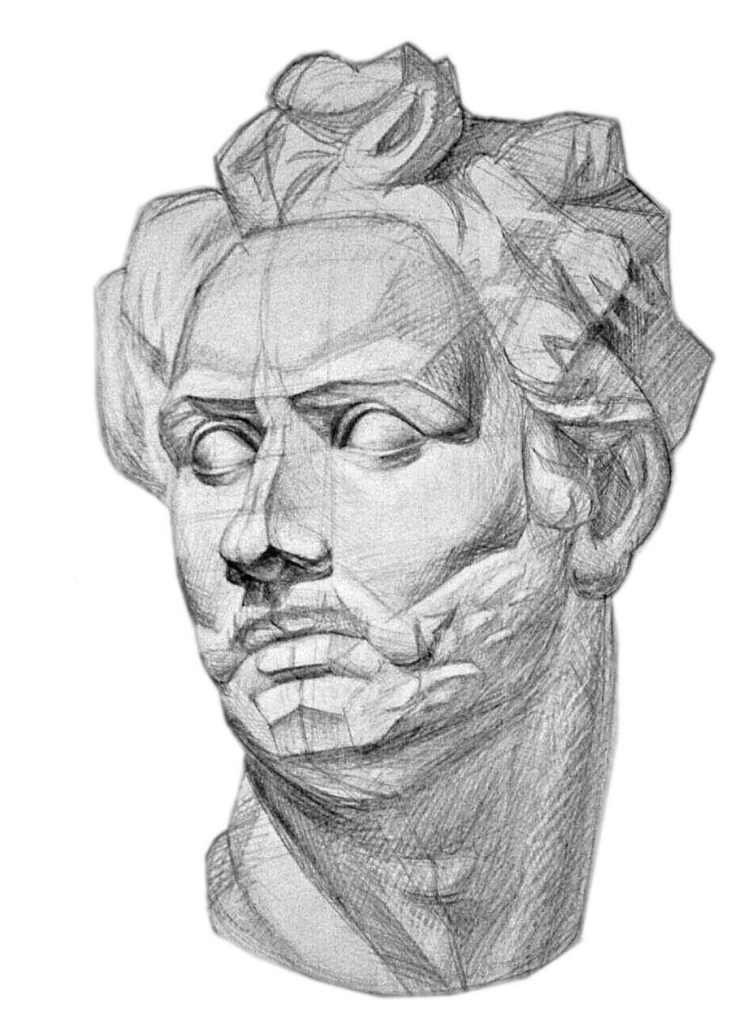 Pencil drawing of a classical male sculpture head with detailed cross-hatching