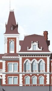 Close-up rendering of a red-brick Gothic Revival building facade with a corner tower