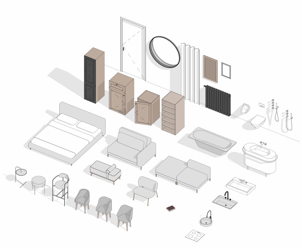 Catalog display of parametric Revit family models including furniture, fixtures and building components