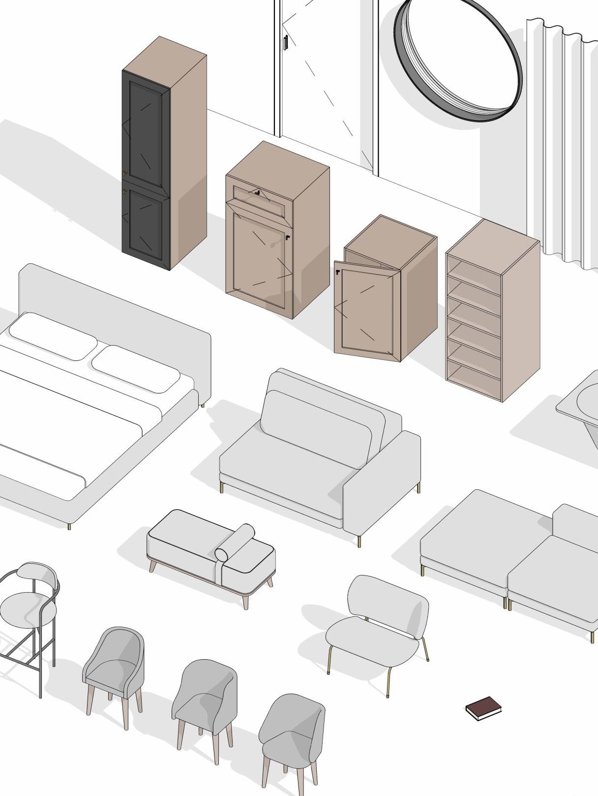 3D render of custom Revit furniture families, including wardrobes, cabinets, sofas, chairs, and a mirror