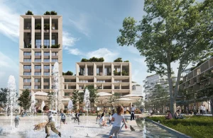 Photorealistic rendering of a stone mixed-use development with a plaza, fountains and market stalls