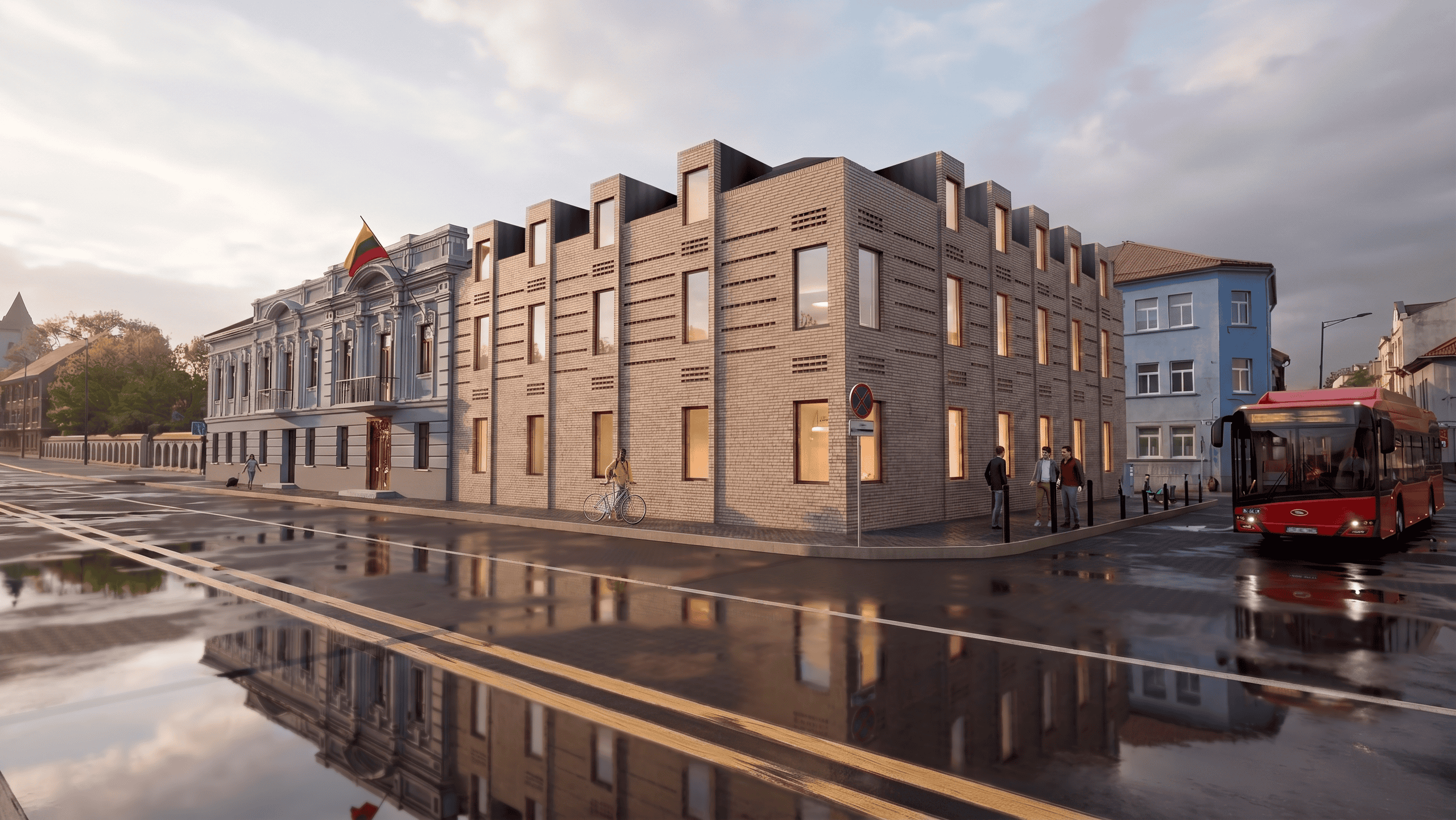 3D dusk rendering of the same street corner, restored historic facade beside the illuminated brick extension