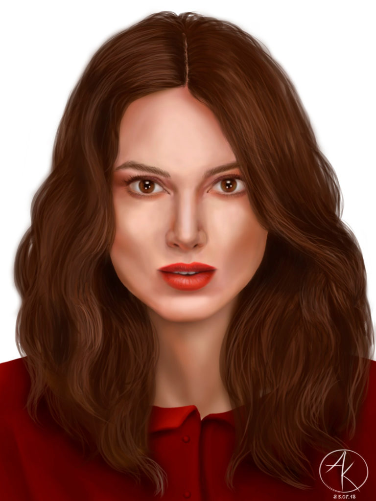 Digital portrait of a woman with wavy brown hair and red lips, in red clothing